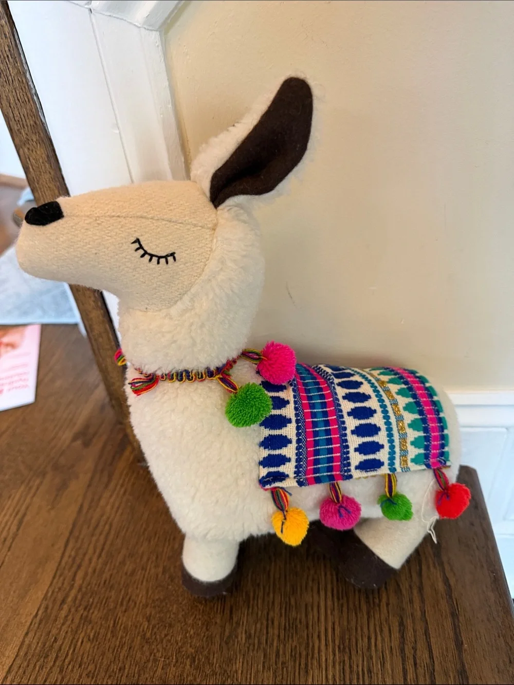 Plush Decorative Llama with Colorful Saddle - White